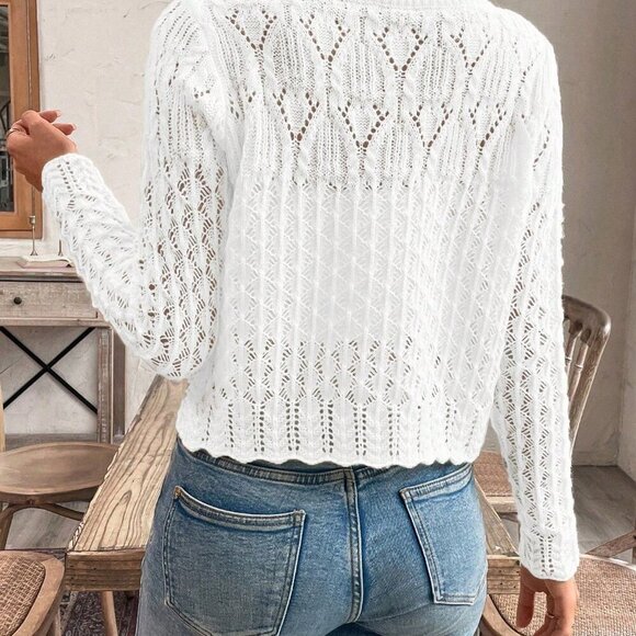 White Casual Women's Crew Neck Hollow Front Button Cardigan Knit Sweater - Picture 2 of 7